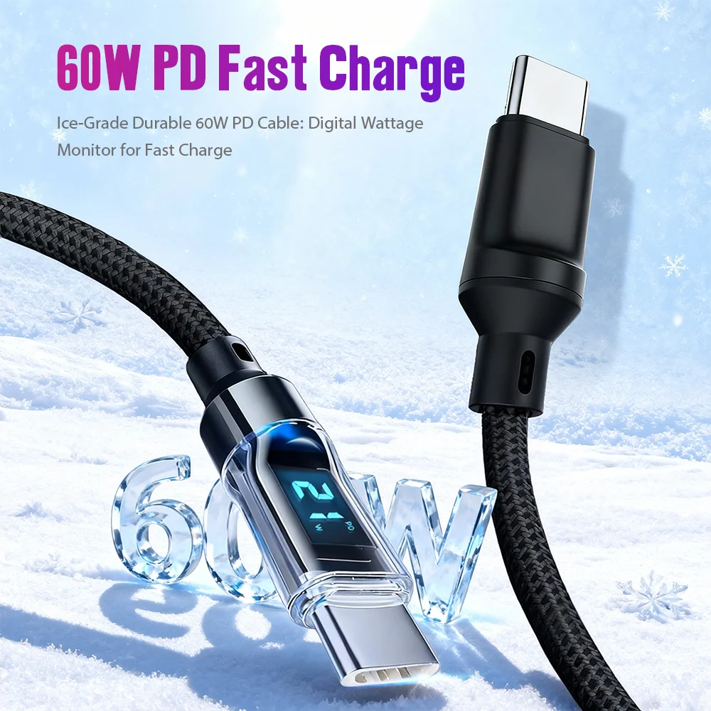 3A 60W USBA إلى النوع C كابل شحن سريع للغاية سلك بيانات نايلون لشاومي POCO سامسونج مع كابل شاشة ديجيتال Led