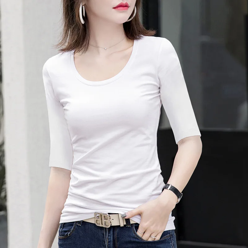 MRMT 2026 Brand New Women's White Mid-Sleeve T-Shirt Women's Fifth-Sleeve Bottoming Shirt with Half-Sleeve Tight O-Neck Tops