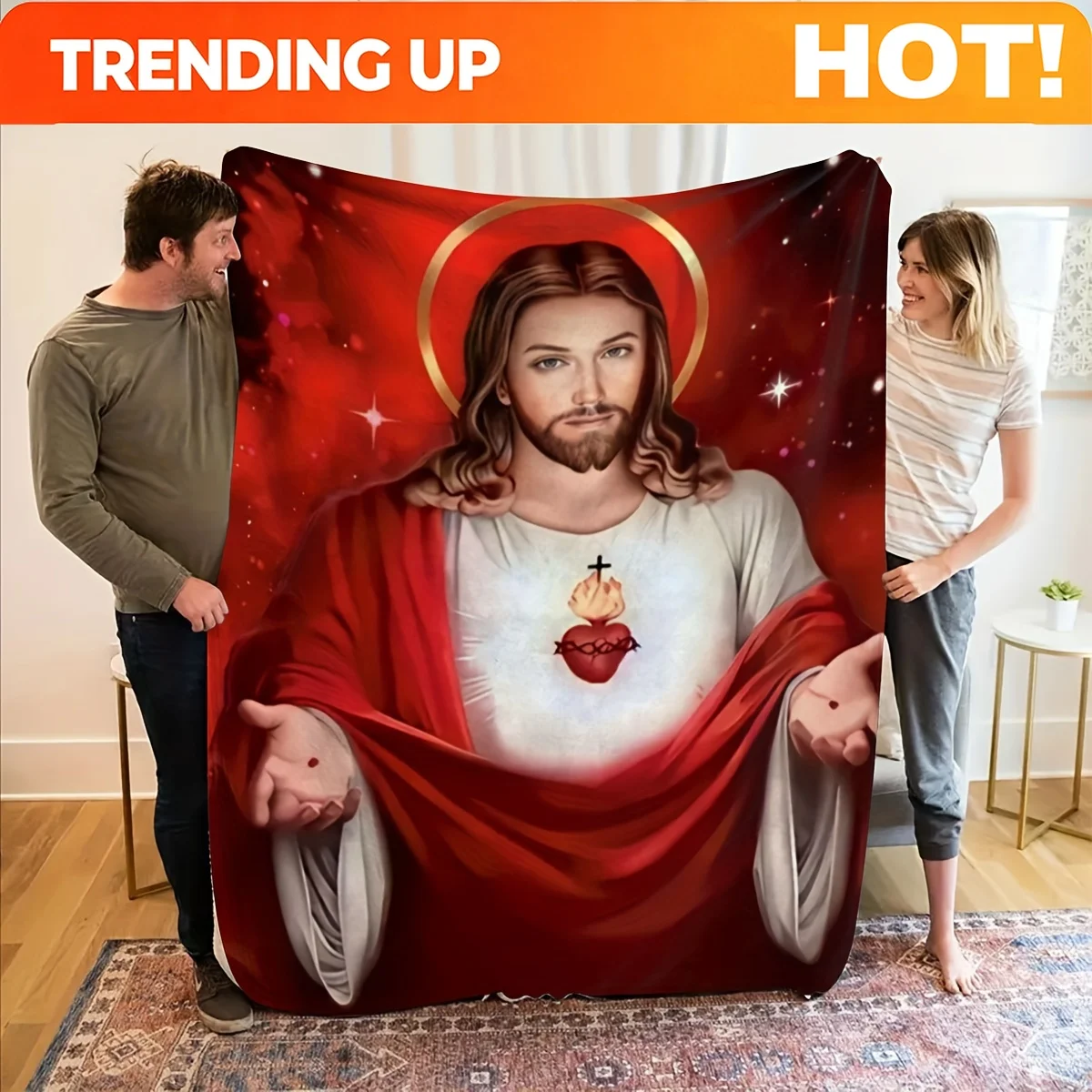 Customize 2D Printed 39.37x29.53in/100x75cm Sacred Heart Flannel Blanket, High-Definition Print Thickened Warm Office Nap Blanke