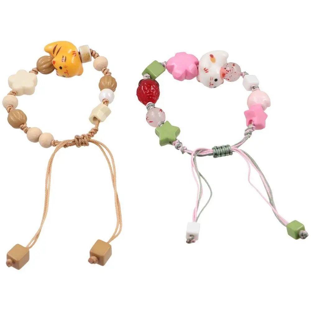 Pulsera de gato de cerámica hecha a mano, pulsera Maneki Neko de gato de la suerte de estilo coreano, accesorios de joyería de cuentas de Liuli, pulsera de cuentas de gato