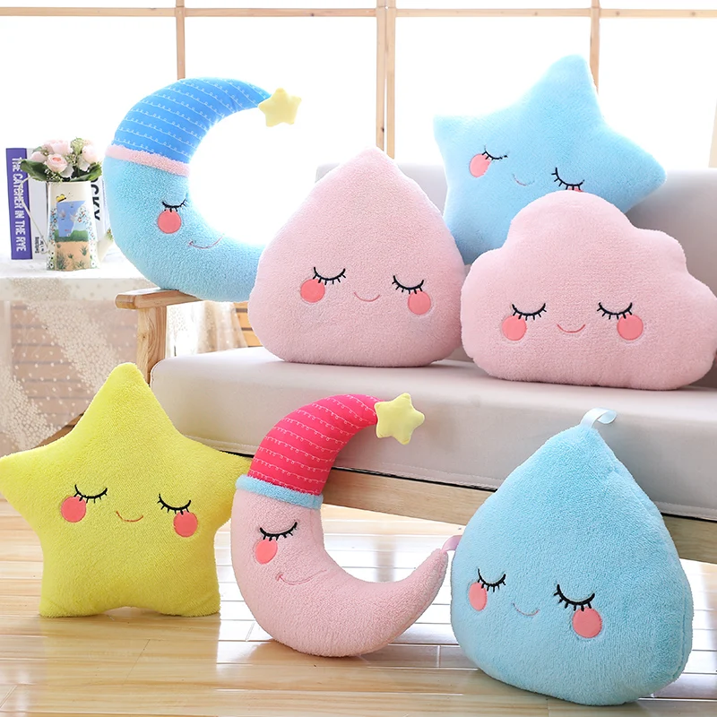 Macio fofo estrela nuvem lua travesseiro de pelúcia recheado amarelo rosa azul almofada natural emoção tímida plushie decoração presente