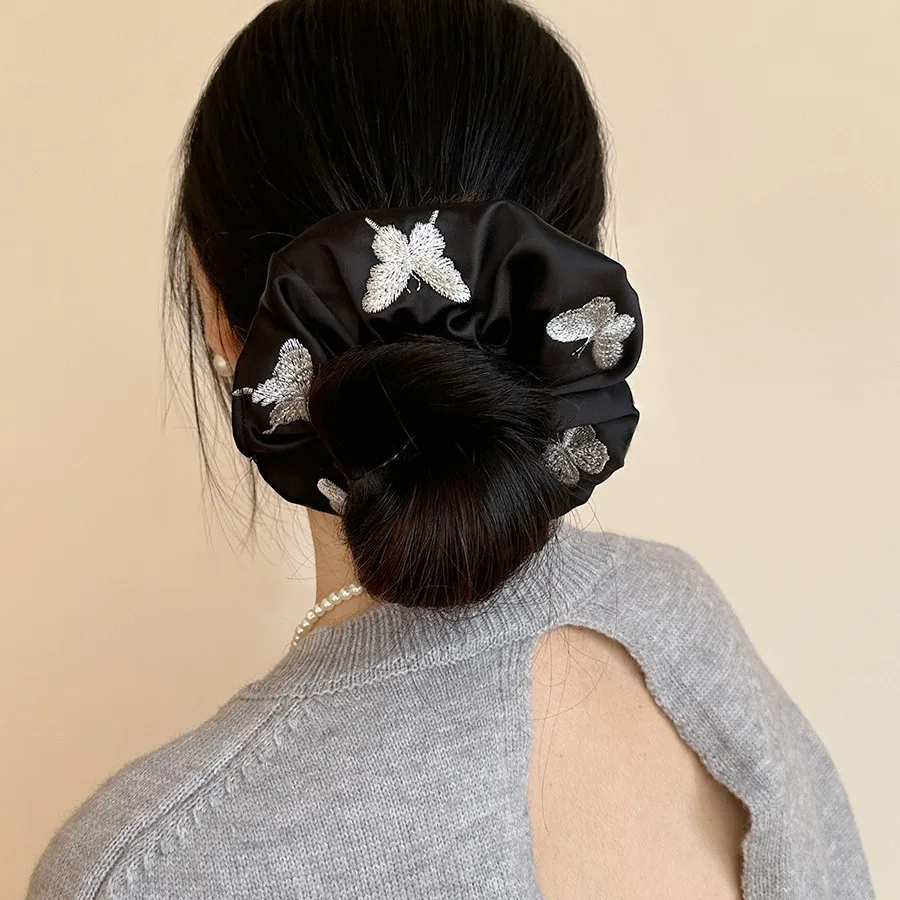

Silver Butterfly Embroidered Black Satin Square Scarf Hair Tie Elegant Korean Glossy Finish for Bun Updo