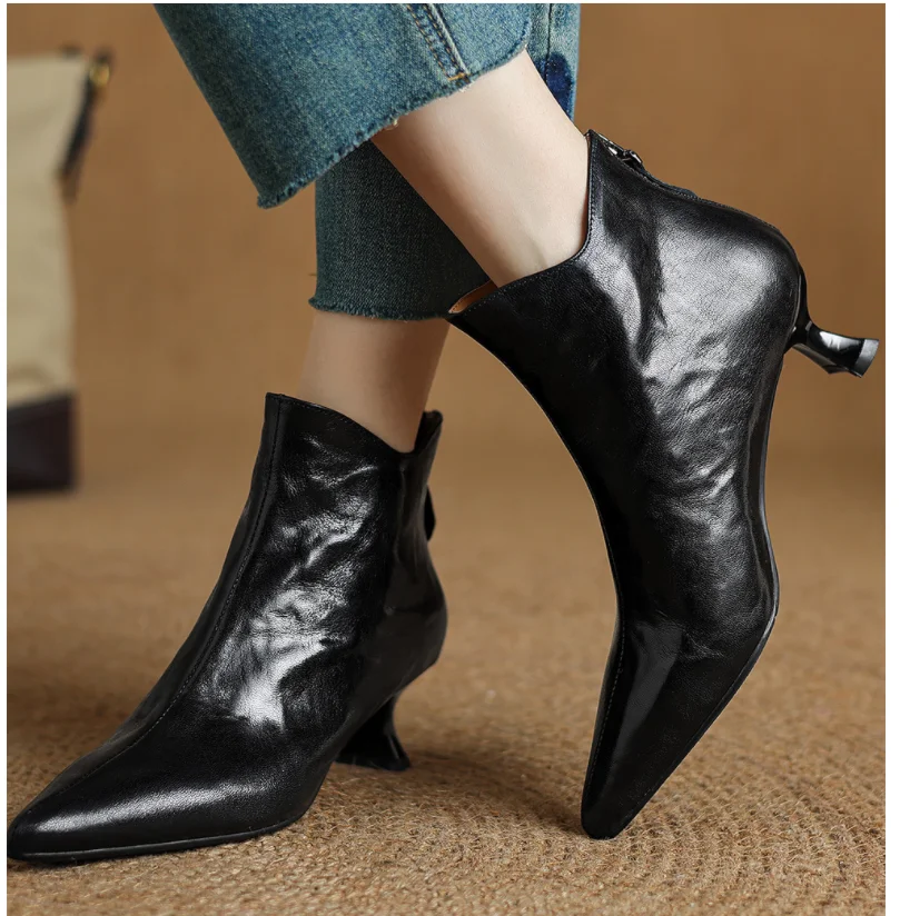

AIYKAZYSDL Genuine Leather Ankle Boots Bootie Low Kitten Heel Fashion Career Office Lady Shoes Slip On Streetwear For Women