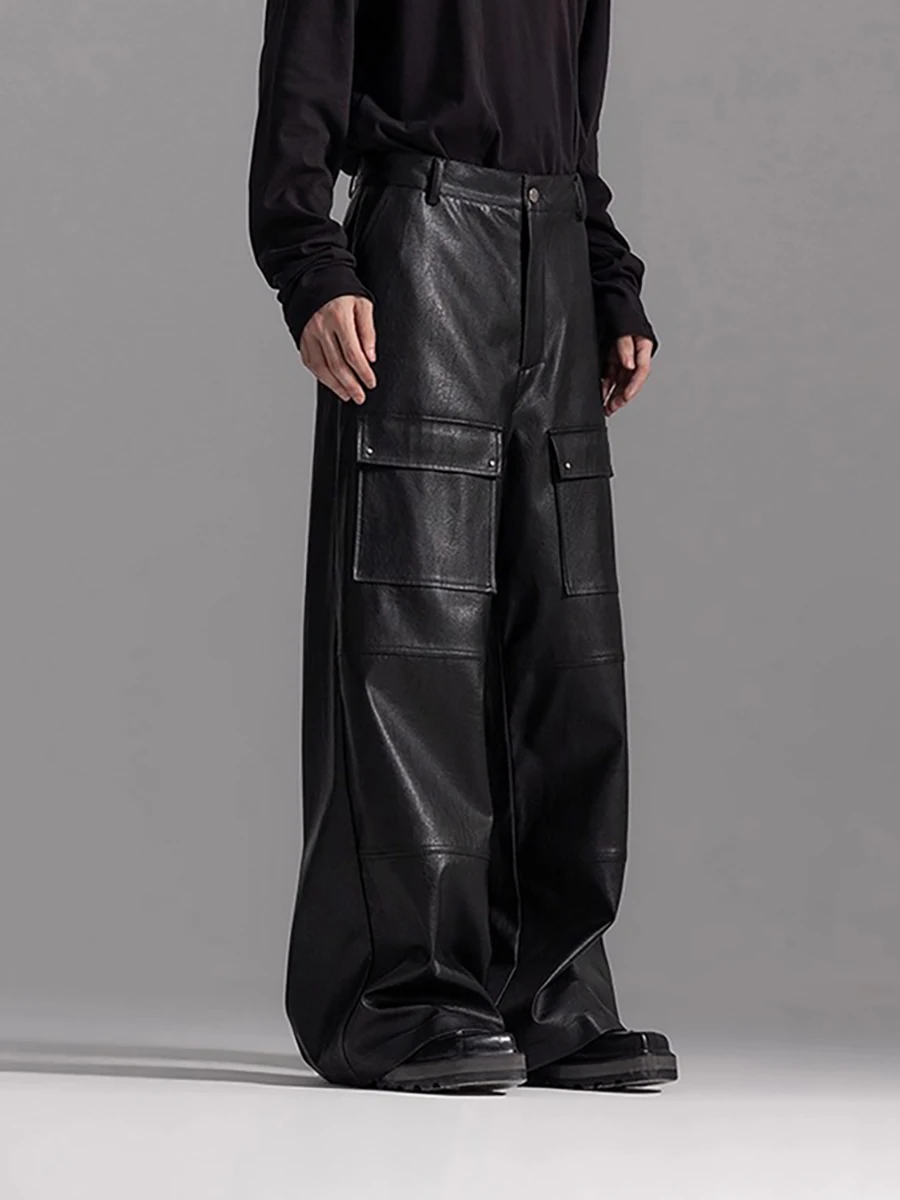 

Mauroicardi весна осень прохладный длинный черный широкие штанины из искусственной кожи мужские с передними карманами роскошная дизайнерская одежда уличная одежда 2025 кожаные штаны мужские