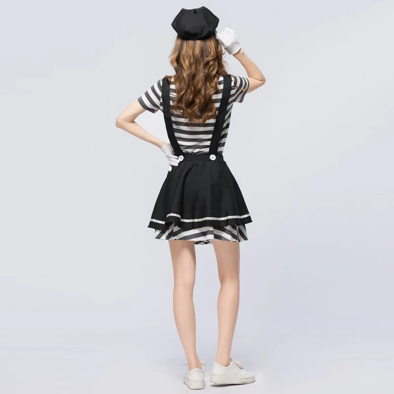 Adult Women Mesmerizing Mime Cosplay Costume Women Sexy Funny Circus Clown Costume For Halloween Party Fancy Dress