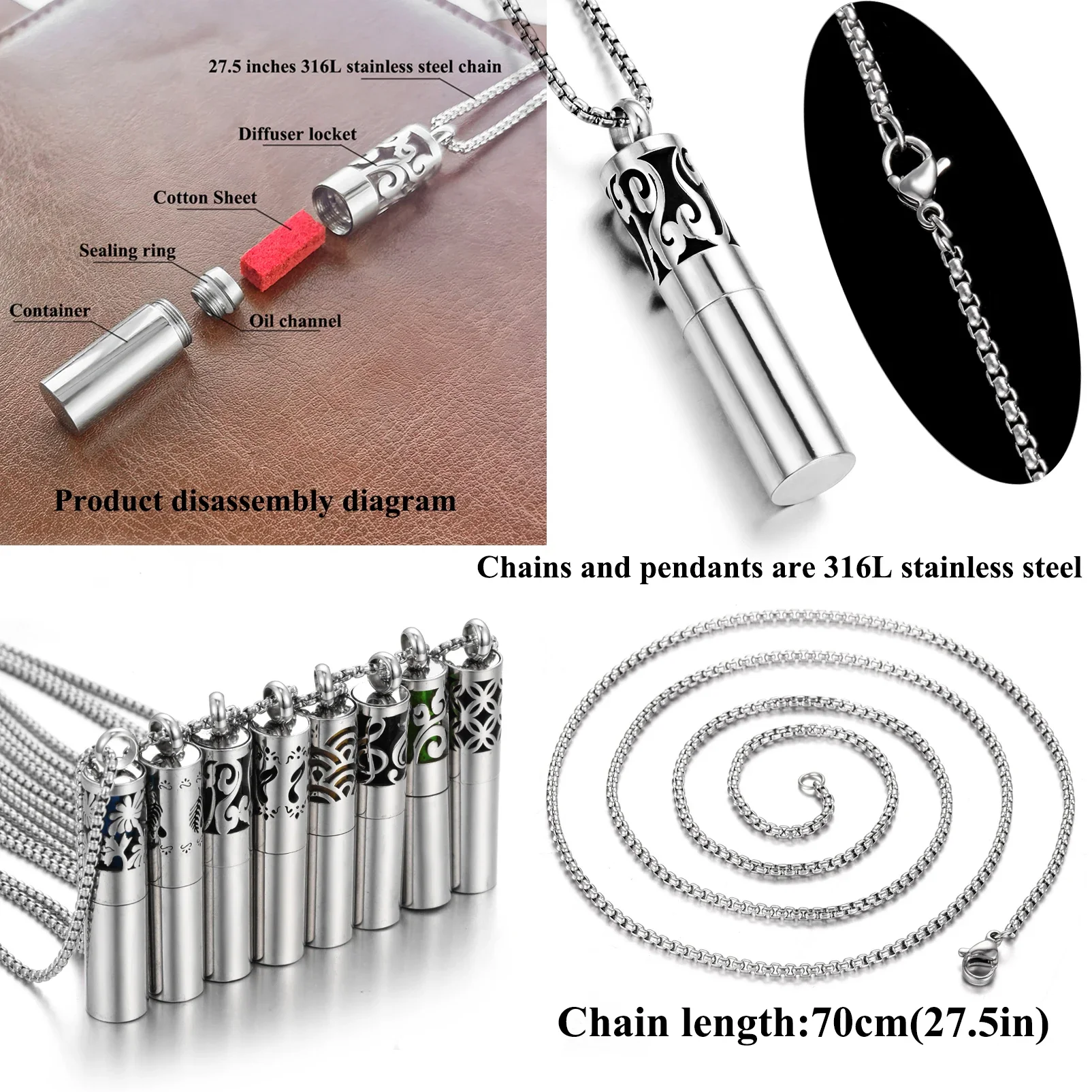 Cylindrical Stainless Steel Aromatherapy Necklace Essential Oil Storage Bottle Necklaces Aroma Perfume Diffuser Pendant Necklace