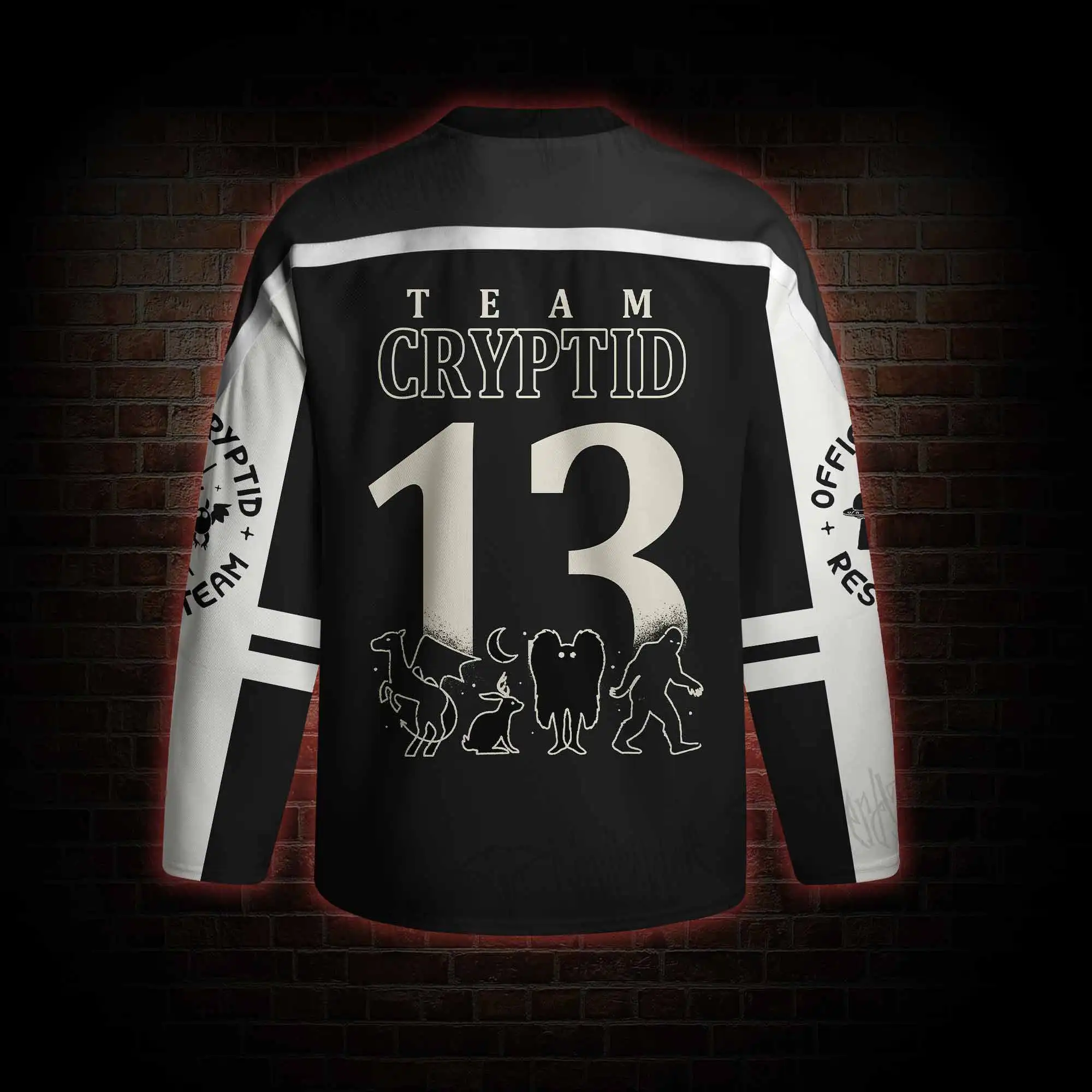 Cryptid Creatures National Park Graphic Long Sleeve Hockey Jersey, Vintage Horror Streetwear Top, Funny Halloween Party Outfit
