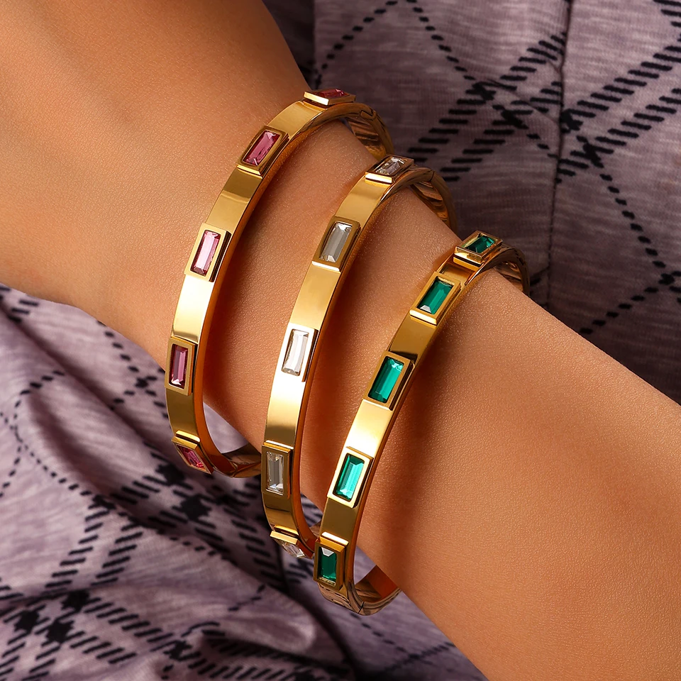 Yupsk 2-teiliges Set Stapelbare Edelstahl-Armbänder für Frauen Geometrische Quadratische Rosa Grüne Zirkon-Armreifen Wasserdichter Schmuck Geschenk – Detail 5