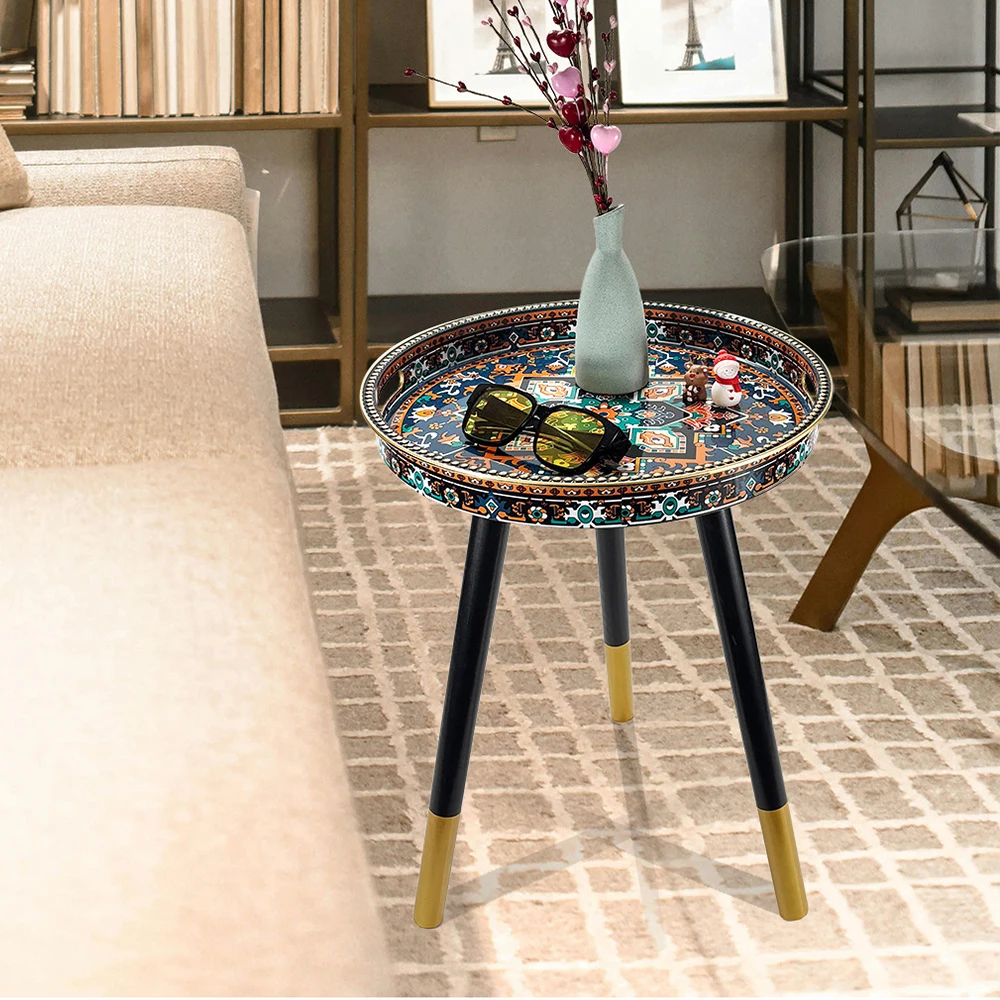 Round Sofa Side End Table Navy Blue Mandala Floral Pattern Tray Top with Gold Rim 3 Wooden Leg Mini Accent Table for Living Room