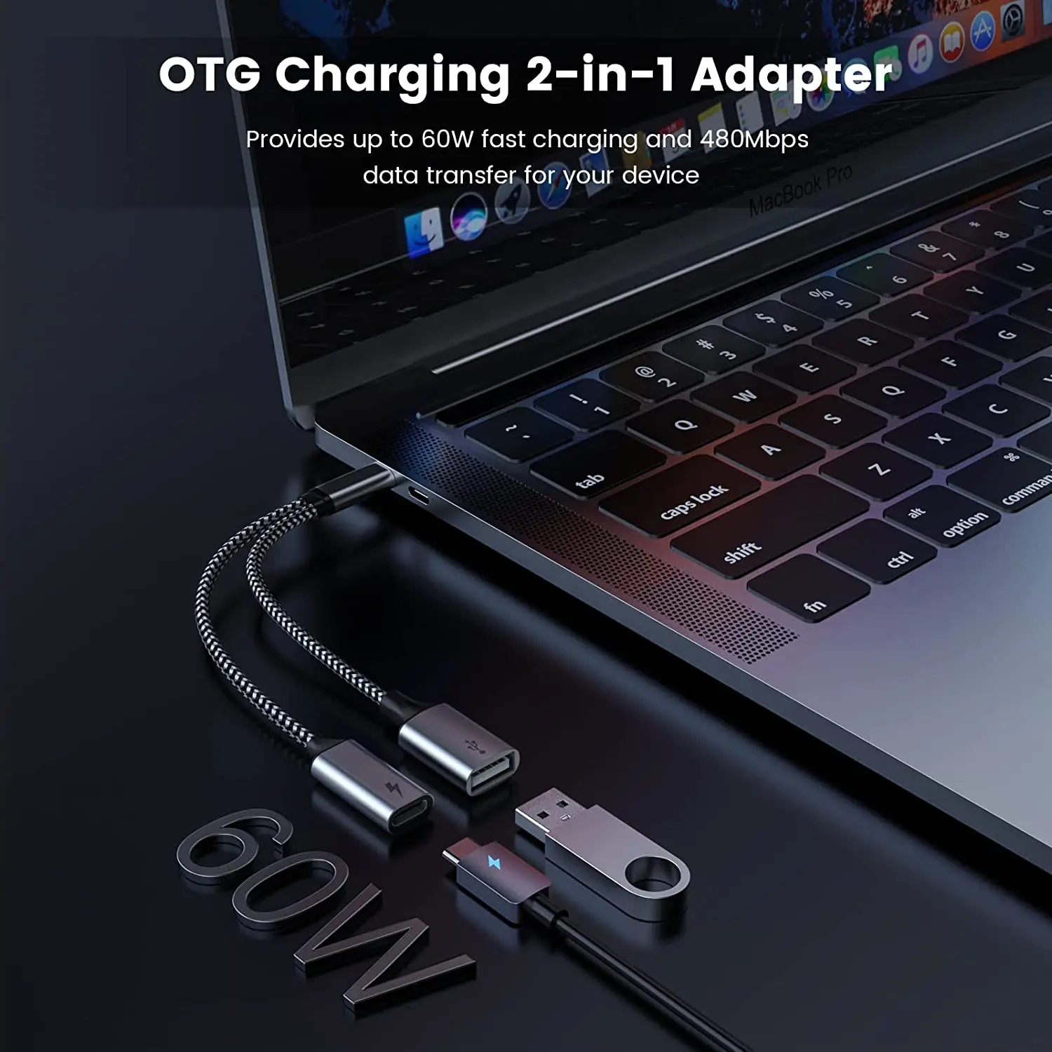 2 in 1 USBC OTG Adapter Cable Phone Type C to USB Dock PD60W Charging for Samsung iPhone 16 Xiaomi Phone Laptop Tablet Google TV