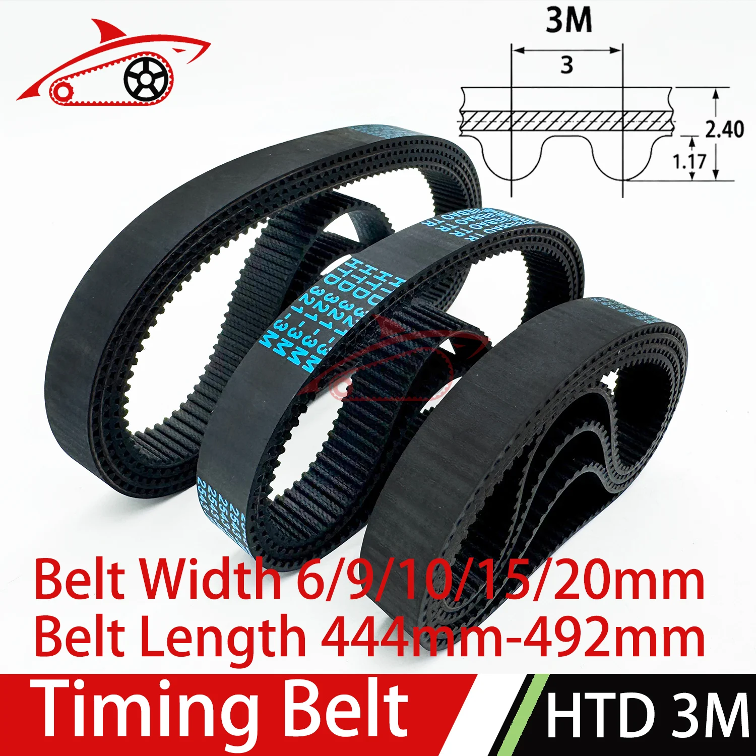 HTD 3M Timing Belt Length 444 447 450 456 459 462 465 468 471 474 477 480 483 486 489 492mm Width 6/10/15/20mm Synchronous Belt