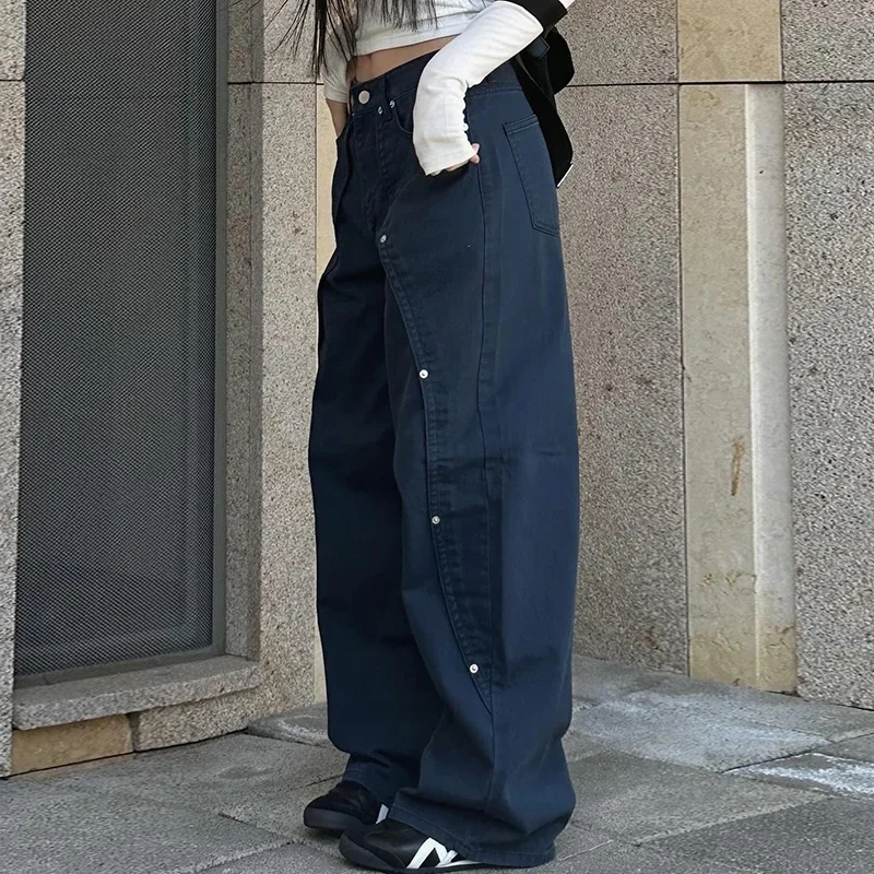 Korean Women Patchwork Baggy Jeans High Street Y2K Casual Grunge Cargo Pants Fashion Chic Rivet Detail Sweatpants 90s