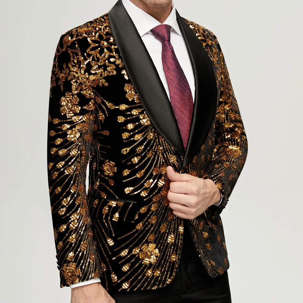 Men\'s Gold Sequin Blazer Jacket Men 2023 Fashion Slim FIt One Button Dress Suit Blazer Male Party Wedding Stage Costume Homme