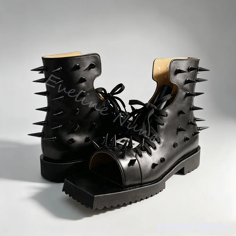 Men Punk Spike Studded Ankle Boots Black Leather Square Toe Lace‑Up Thick Sole High-top Shoes Fashion Gothic Cosplay Street Boot