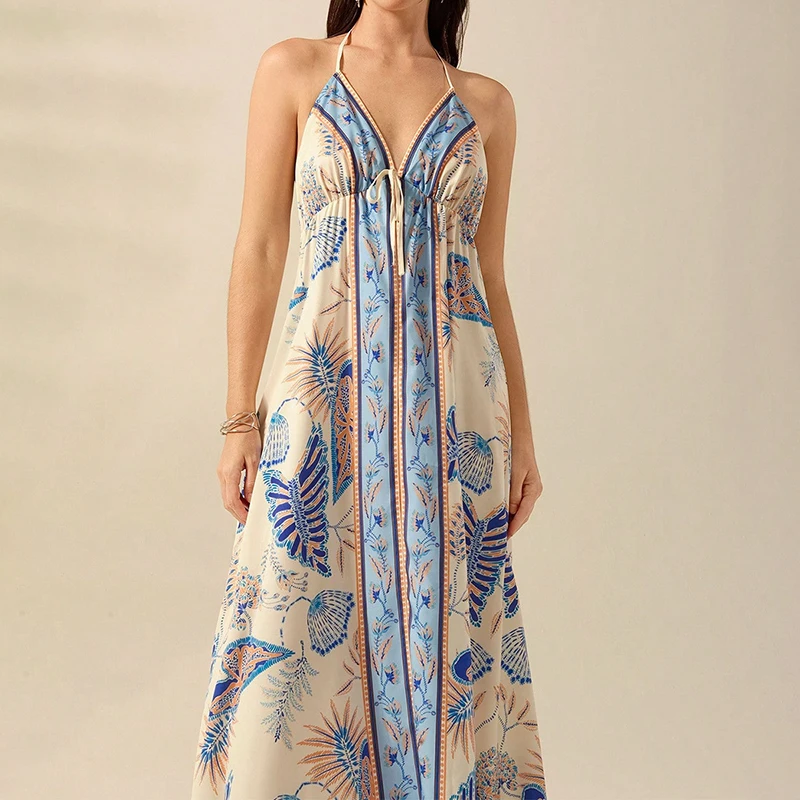 Mode Muster Gedruckt Hosenträger Kleid Sexy Backless Hohl Sommer Lange Kleider Low Cut V-ausschnitt Ärmelloses Plissee Strand Kleid