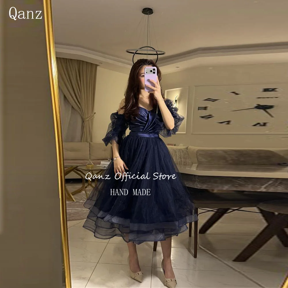 

Qanz Navy Blue Tulle Prom Dress Sweetheart Puff Sleeves Woman Formal Evening Gowns A Line Wedding Guest Dresses Customized