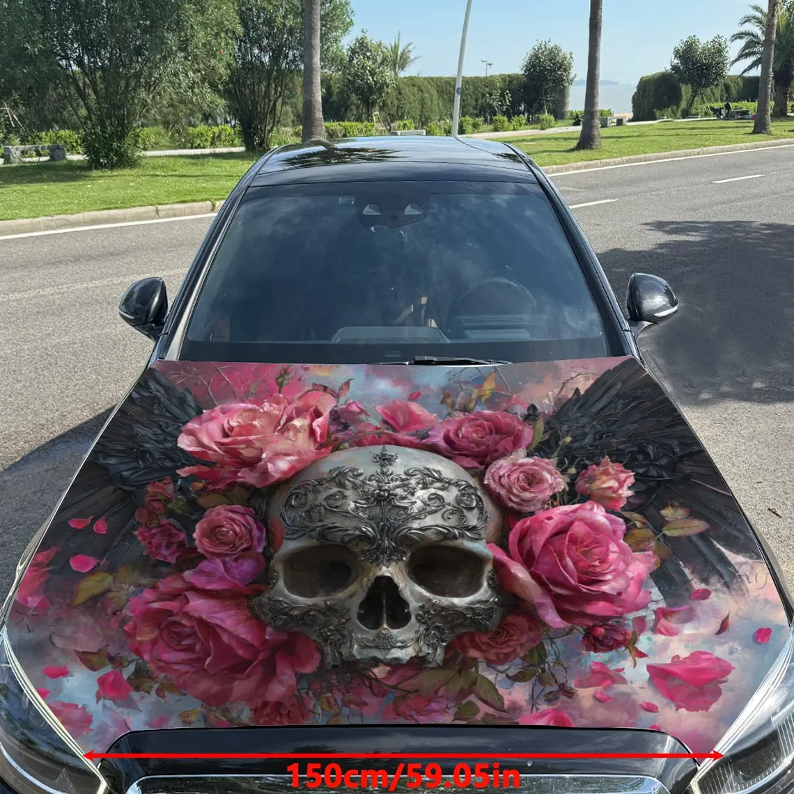 Rose - Cluster Wing - Decorated Skull Print car hood stickers, waterproof self-adhesive, scratch resistant, easy to stick, durab