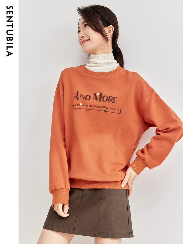 

SENTUBILA Women's 100% Cotton Sweatshirts 2024 Autumn Winter Drop Long Sleeve Top Casual Loose Round Neck Pullovers 133A52019