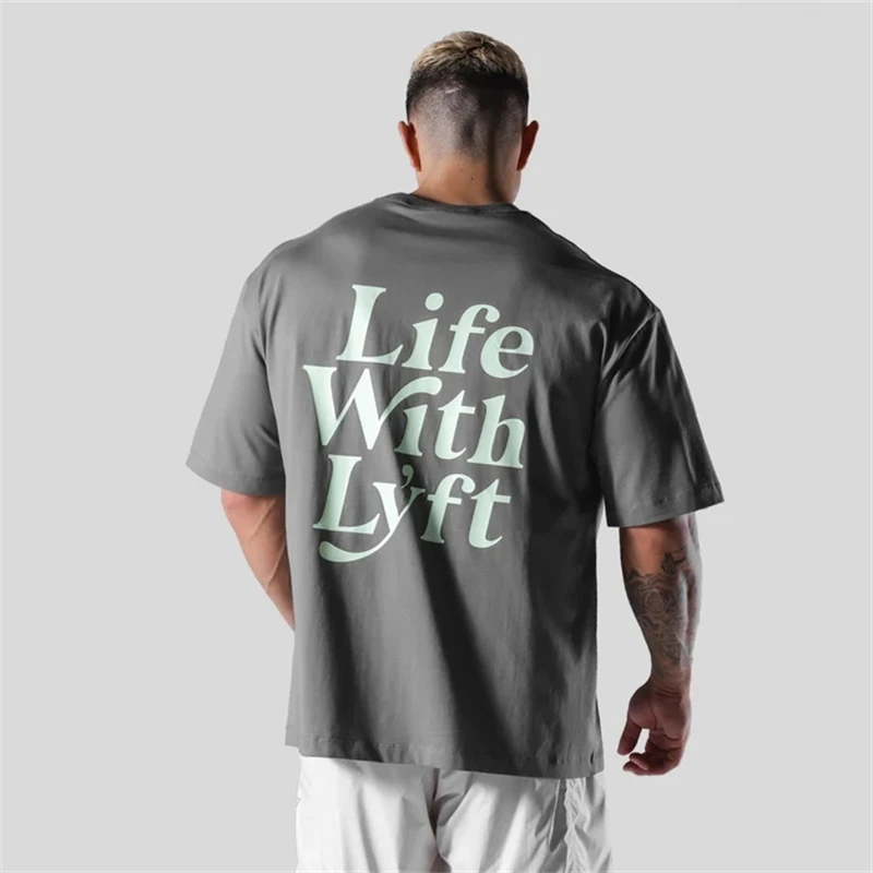 LIFE WITH LYFT BIG T-SHIRT Men's 100% Cotton Loose Oversized-Shirts Men GYM Clothing Street Casual Short Sleeve Tees Tops 3XL