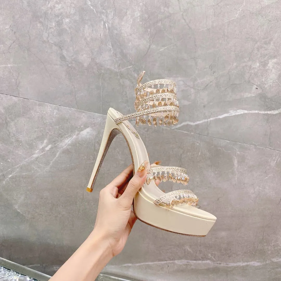 Summer New Women White Crystal Pendant Decor Sandals Ankle Snake Wrap Stiletto Platform Sexy Elegant Garden Dress Party Sandals