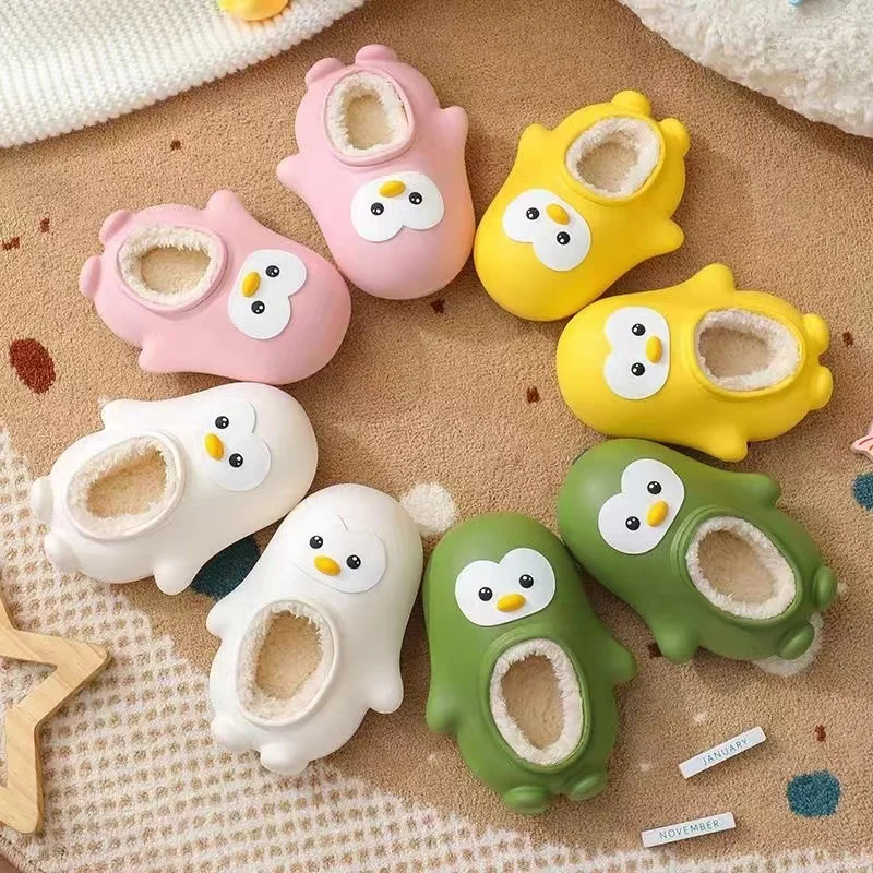 

real children's slippers 2025 winter new boys girls' shoes parent-child home slippers cute penguin waterproof cotton slippers