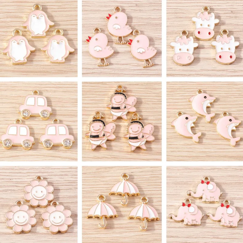 10pcs Pink Color Cute Enamel Animal Bee Elephant Charms Pendants for Jewelry Making DIY Drop Earrings Necklaces Crafts Supplies