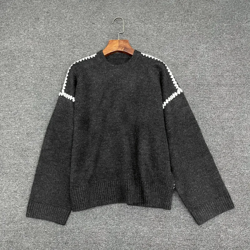 Modny sweter damski na jesień/zimę 2025, luźny, z okrągłym dekoltem, długim rękawem, dzianinowy, haftowany.