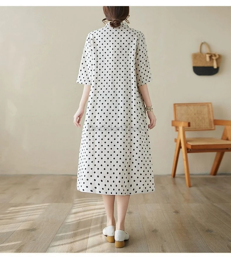 Letnia sukienka w stylu chińskim z bawełny i lnu, cheongsam, podróżna, artystyczna, w kropki, luźna, o kroju litery A, o średniej długości, dla kobiet, ulepszona luźna qipao. — zdjęcie 3