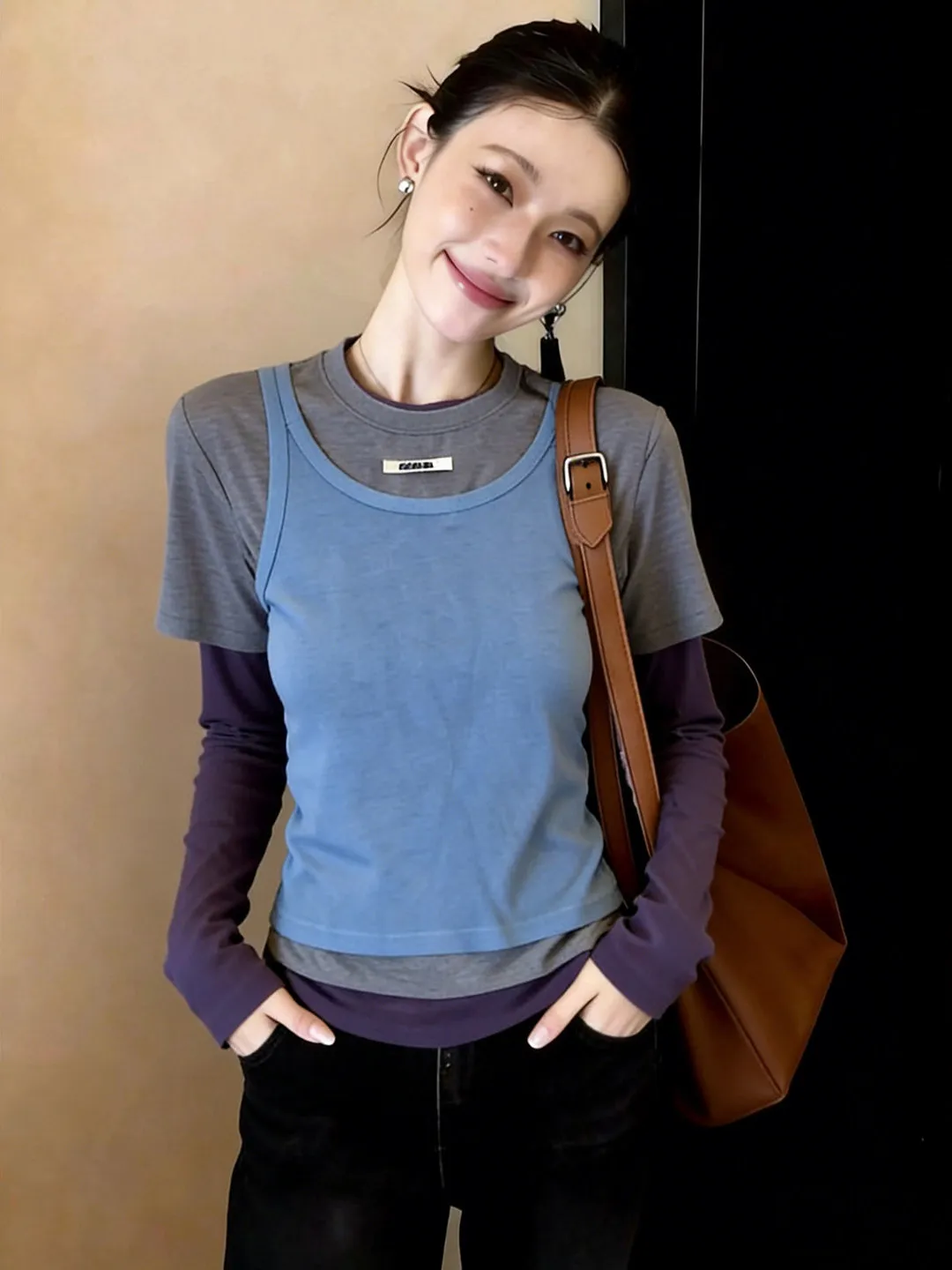 Fashionable Color Block Long Sleeve T-Shirt Women's Spring New Style Slimming Casual Standard Fit  Color round Neck Top