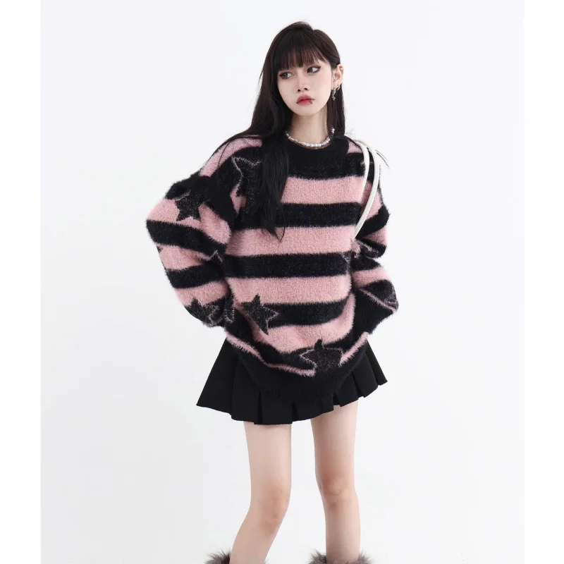 Black Women Clothing Knitting Sweater Long Sleeves Vintage Pullover Round Neck Cashmere Pink Korean Fashion Female Spring Tops