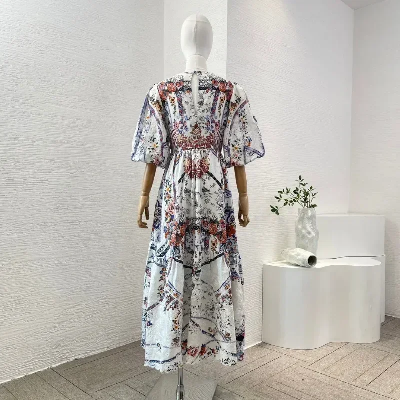 Vestido longo com estampa floral de meia manga para mulheres, Decote V, renda bordada, vestido vintage Midi, estampa floral branca