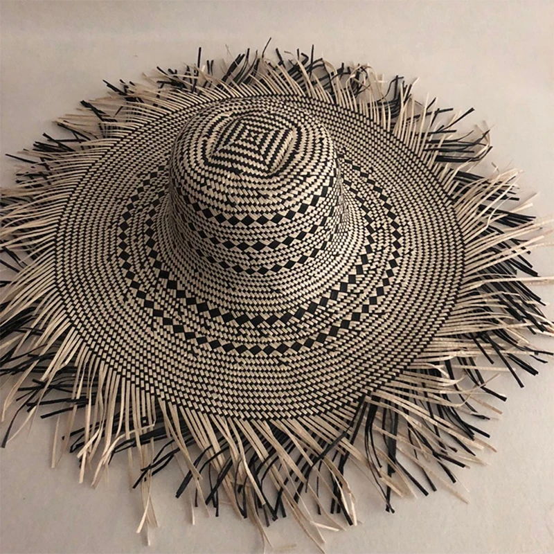 Casual New Handmade Women Straw Sun Hat Large Wide Brim Girl High Quality Natural Raffia Panama Beach Straw Sun Caps For Holiday