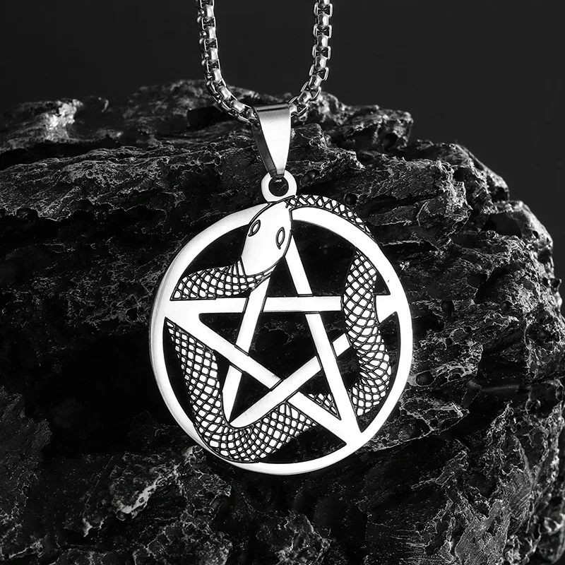 Stainless Steel Poisonous Python Coiled Witchcraft Pentagram Pendant Necklace for Men Women Punk Jewelry Gift