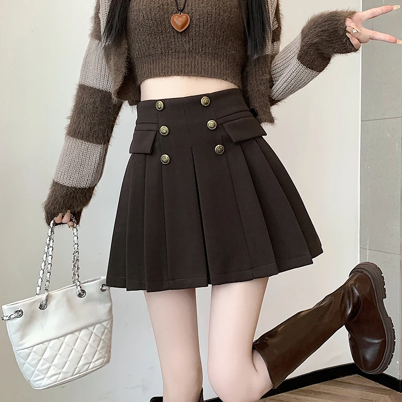 2024 Women's Woolen Pleated Short Skirt Autumn Winter Korea Style Double Breasted High Waist Mini Skirts