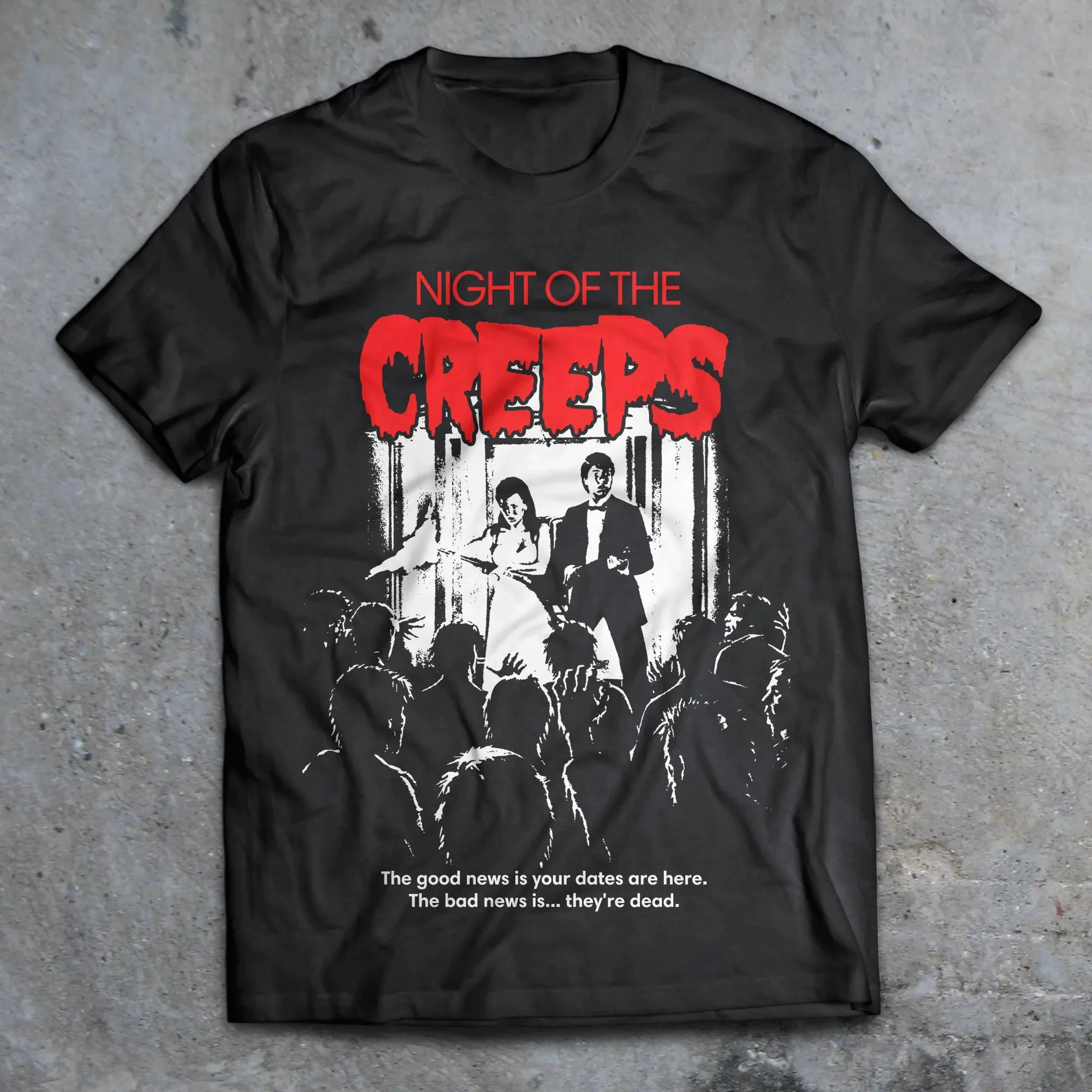 Camiseta Night of The Creeps para hombre, estilo vintage de los años 80, con estampado de comedia de zombies, gráfico de película de terror clásica, camiseta informal de manga corta para verano