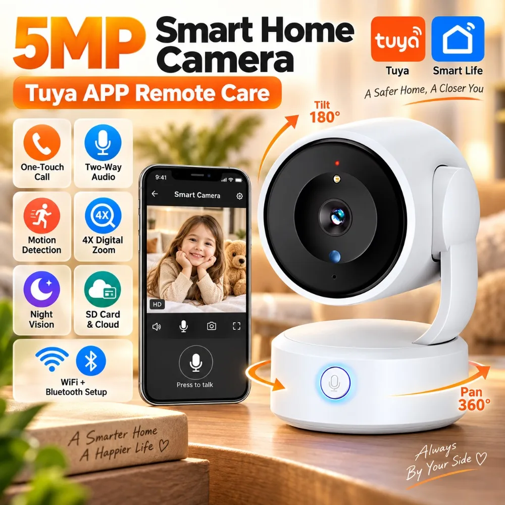 5MP WiFi Camera Tuya Indoor PTZ IP Monitor Auto Tracking Color Night Vision Waterproof Home Security Surveillance Cameras CCTV