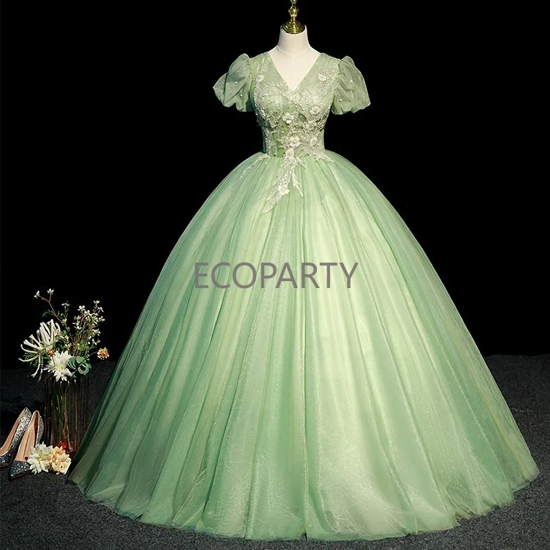 

Evening Dress Forest Green Vocal Piano Art Exam Solo Performance V Neck High Waist Short Sleeve Pomped Dress Host Dress Adult