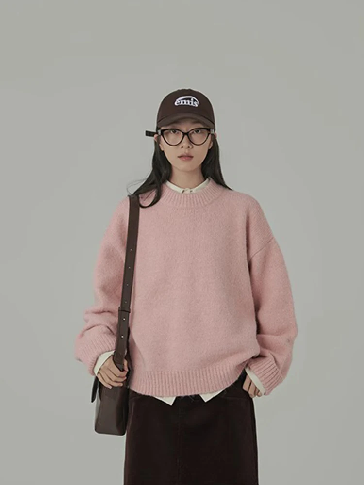 Jmprs Preppy Style Pink Sweaters Women Sweet Loose Faux Wool Knitted Jumpers Tops Casual Long Sleeve Retro Lady Elegant Pullover