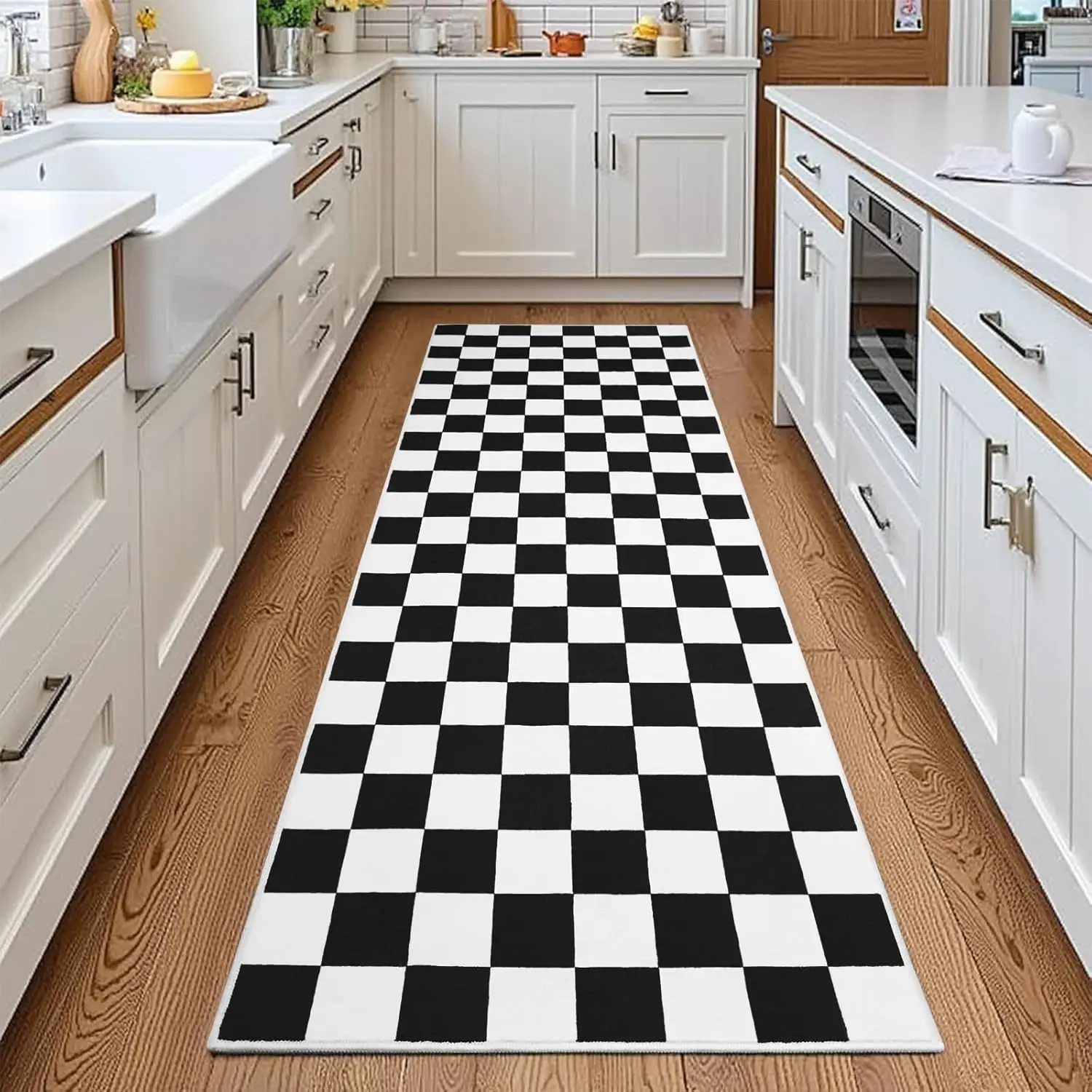 

Checkered Runner Rug 2x6, Non Slip Washable Kitchen Mat, Soft Low Pile Stain Resistant Hallway Carpet