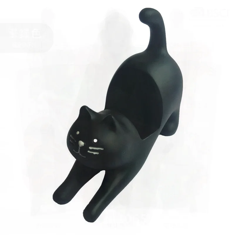 

Zakka Black Cat Desktop Stand Resin Lazy Phone Holder Stretching Cat Ornament Craft White Cat Phone Stand Hand-Raising Lucky Cat