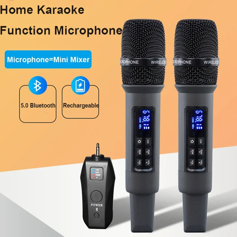 2 Channel Wireless Microphone UHF Dual Handheld Dynamic Karaoke Mic System 30m for Stage Church Party School PA Speaker Meeting