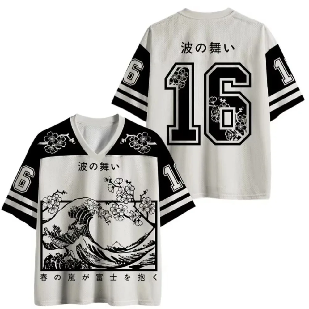 Japanese Style Fashion Harajuku & No.16 Print Great Wave Cherry Blossom Graphic Mesh V‑Neck T‑shirt Casual Tops for Adult & Kids