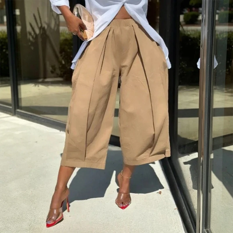 BKLD Stylish Women Ankle-length Pants Elastic Waist Pocket Solid Color Simple Style Wide Leg Trousers Office High Street Bottoms