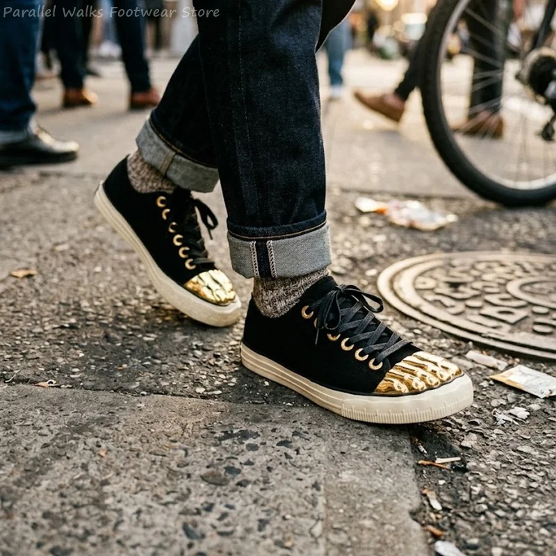 Premium Men Canvas Board Sneakers Gold Metal Toe Cap Gothic Punk Lace Up Shoes Flat Rubber Sole Breathable Casual Shoes Sneakers