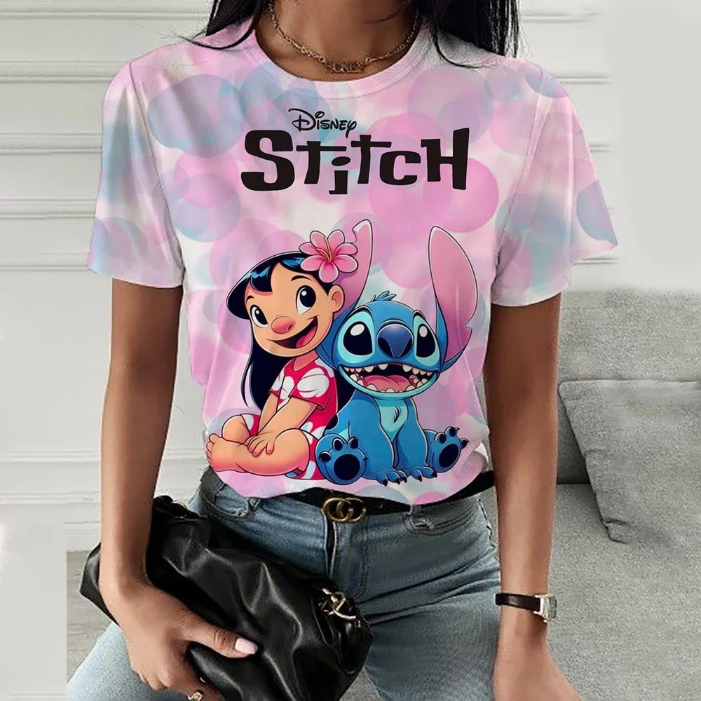 

Женская футболка с принтом Kawaii Lilo Stitch, женская летняя детская футболка, повседневная футболка с круглым вырезом Ohana Stitch Disney
