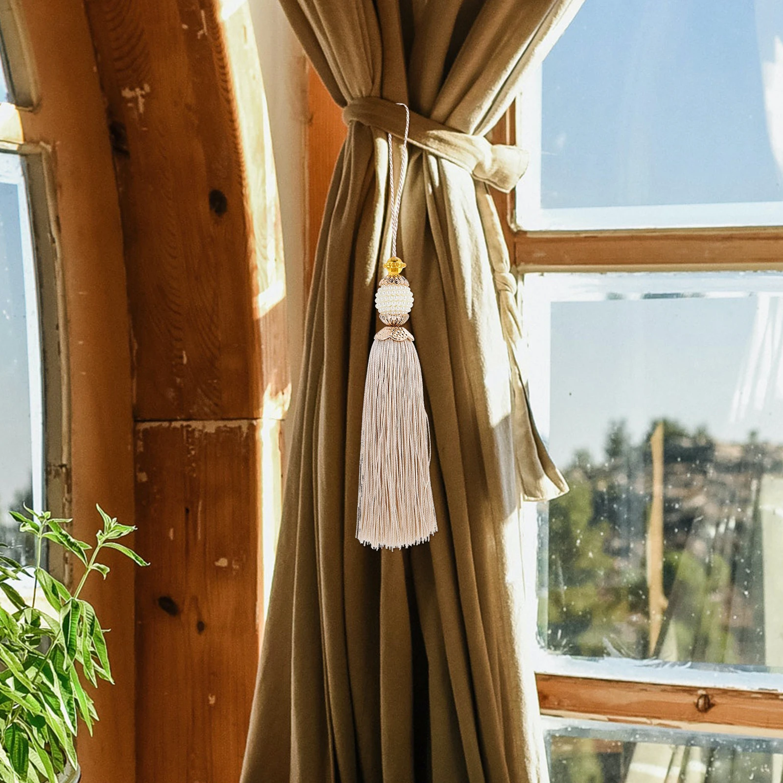 

2Pcs Curtain Tassel Pearl DIY Home Decor Polyester Hanging nament Bag Pouch Costume Decoration Vertical Tassels Sewing Supplies