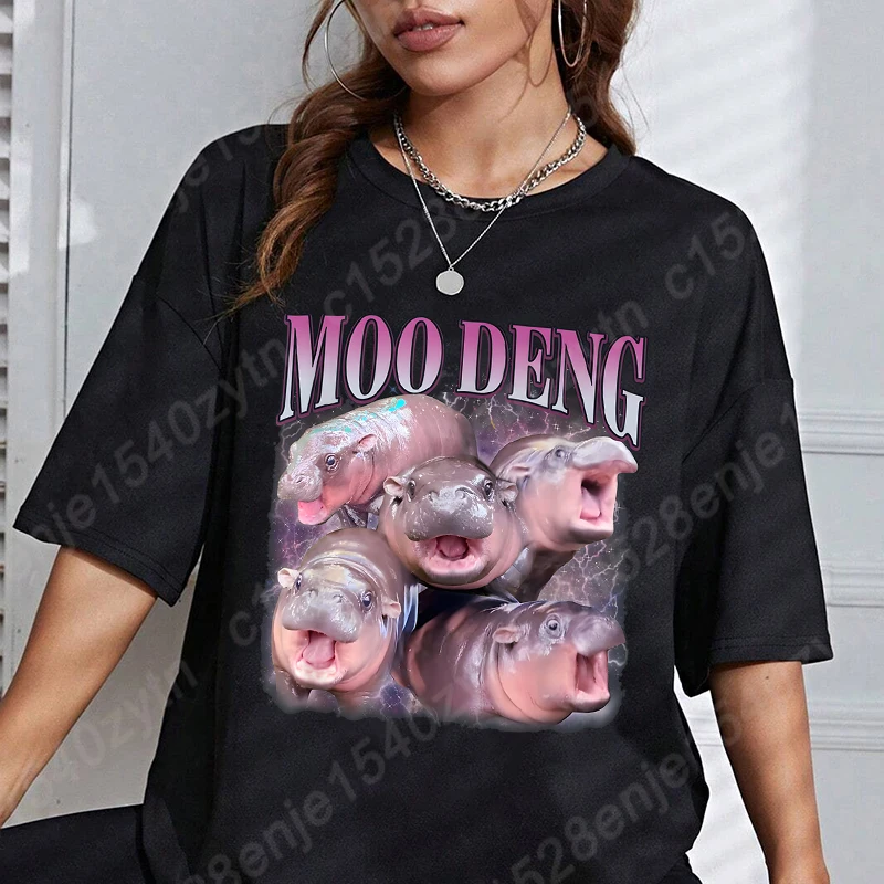 Hippo Graphic Print T-Shirts For Women Short Sleeves Funny Round Neck Tees Top Casual Summer Tops Women Oversized T-shirt