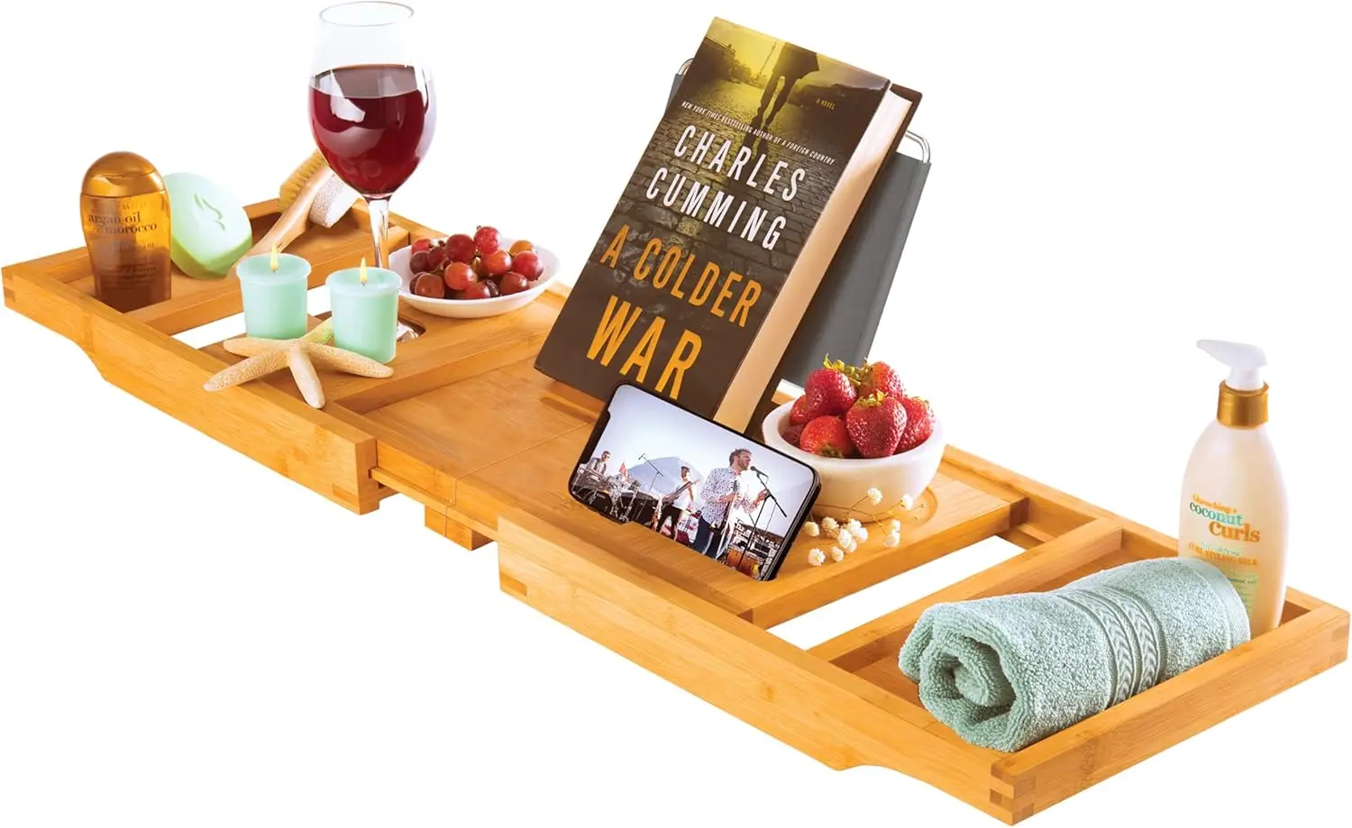 

Foldable Expandable Bamboo Bathtub Tray with Wine Holder, Book & Tablet Stand - Spa Bath Accessories for Women and Men