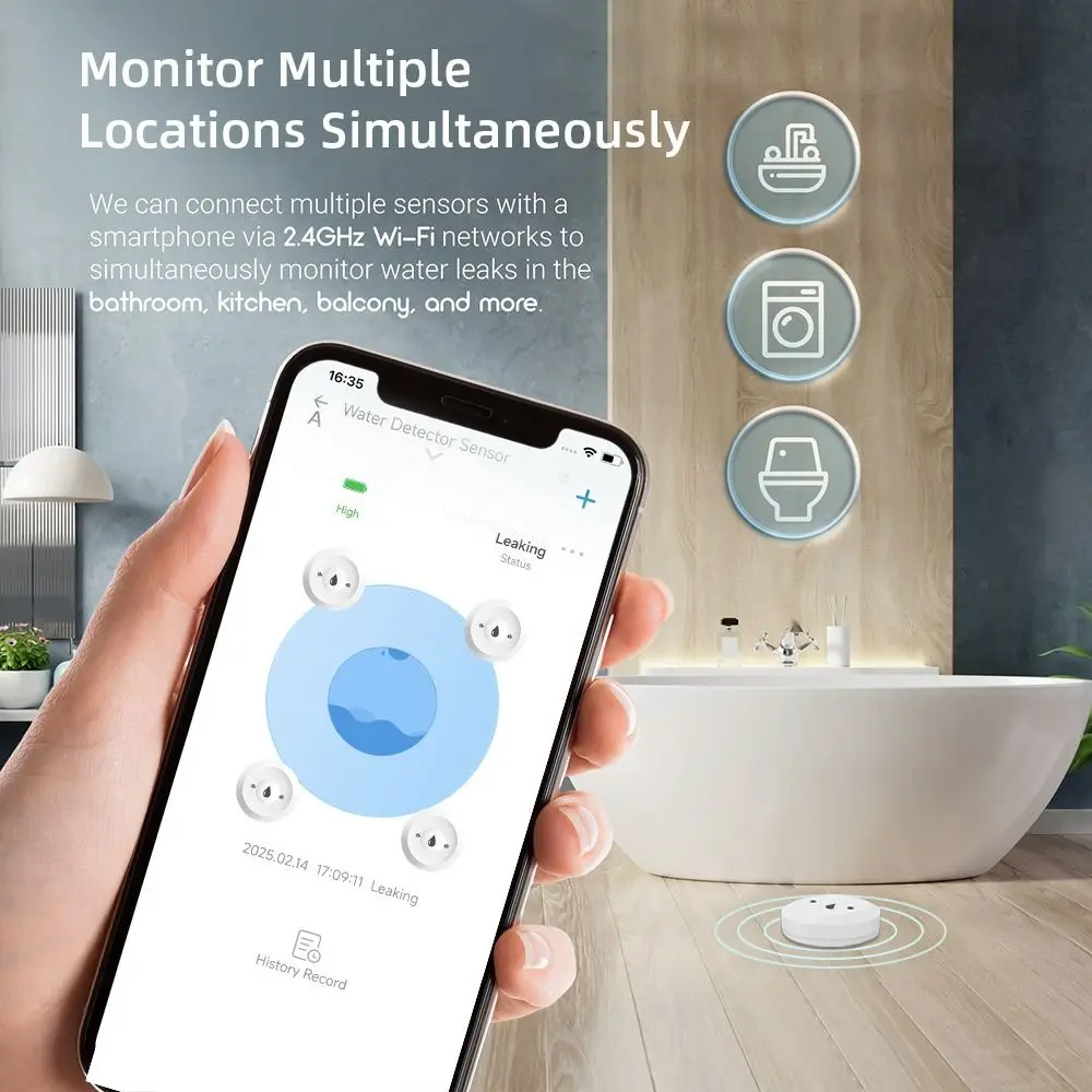 ZigBee Connectivity Water Leak Sensor Real-Time Alarm Low-Profile Design Flood Detector Smart Home Integration