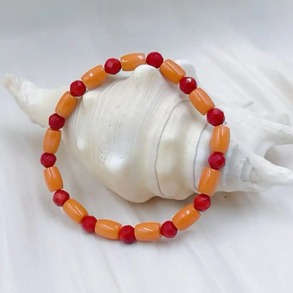 6-8mm Women Jewelry Column Round Orange Red Sea Bamboo Coral Natural Gems Elastic Bracelet